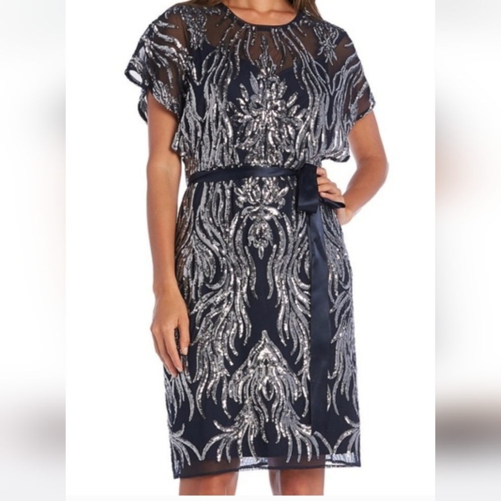 R&M Richards Navy Dress with Silver Sequin Detail and Satin Belt